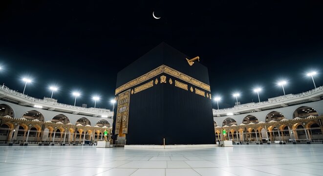 Kaaba at night with pilgrims in mecca saudi arabia holy site moon crescent
