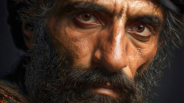 Quranic figure Samiri, dramatic lighting and highly textured skin.