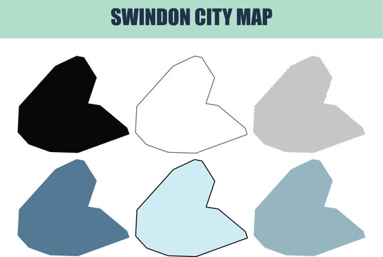 Swindon city map silhouette shapes in various fills and outlines for urban planning and location concepts
