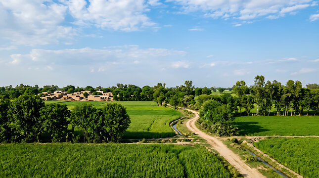 Dirt path through green agricultural fields and rural village houses