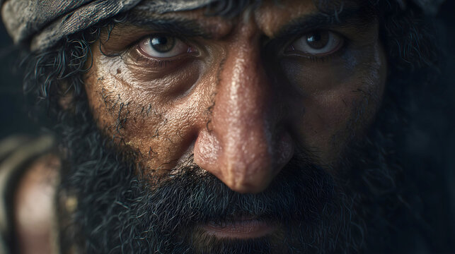 Gritty portrait of an ancient desert craftsman with a messy dark beard and piercing, focused eyes, historical depiction of the controversial Quranic figure Samiri the artisan.