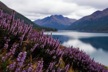 Fototapeta premium Purple heather blooms on hillside overlooking calm lake and distant mountains. Wildflowers carpet grassy slope, reflecting blue sky on water surface. Natural, tranquil, scenic landscape.