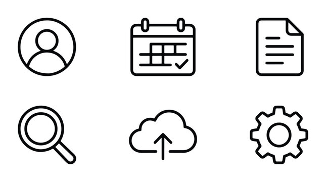Modern Outline Icons Set: User Profile, Calendar, Document, Search, Cloud Upload, Gear Settings. Minimalist Vector Graphics for Web and App Design.