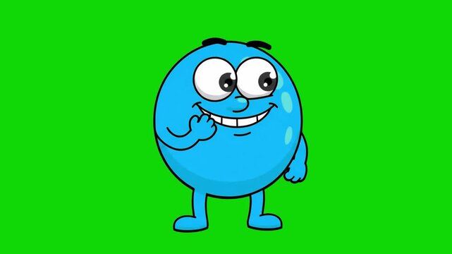 A cheerful blue round character with big eyes stands smiling and thinking against a bright green chroma key background. This 2D vector animated mascot is suitable for kids' content, educational videos