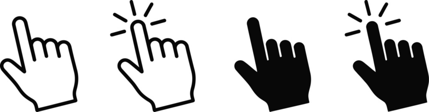 Pointing hand icons with and without click effect black and white