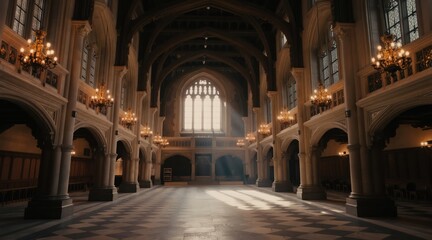 Obraz premium Grand medieval hall interior with high arched ceiling and large gothic window. Ornate chandeliers illuminate stone columns and checkered floor. Empty building awaits royalty.