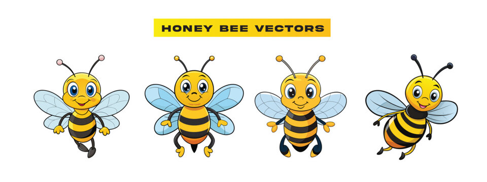 Cute cartoon bumble bee family - yellow insect with stripes. Funny bees, flower buds and foliage pack bundle for summer collections. Happy Valentine's Day.