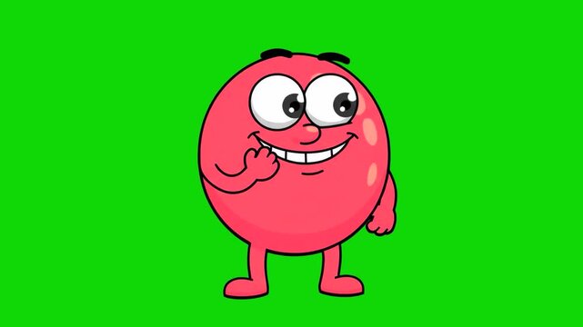 A cute 2D cartoon red ball character with expressive eyes and a wide grin talking happily, isolated against a bright chroma key green screen background. Ideal for children animated shows, game mascots