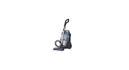 A sleek upright vacuum cleaner with a blue and gray body and black handle and hose against a clean white background. © Andin