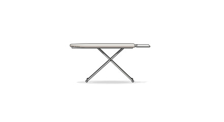 A sleek, silver ironing board with a metal frame stands on a white background, showcasing its modern design and minimalist aesthetic. © Andin
