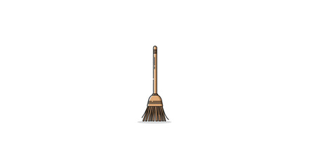 A broom with a wooden handle and brown bristles stands alone on a plain white background in a simple still life composition. © Andin