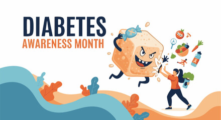 Fototapeta premium Cartoon sugar cube fighting healthy food for Diabetes Awareness Month in colorful playful illustration for health campaign