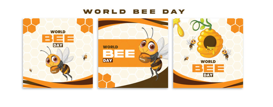 World Bee Day banner featuring a detailed honey bee illustration pack of three
