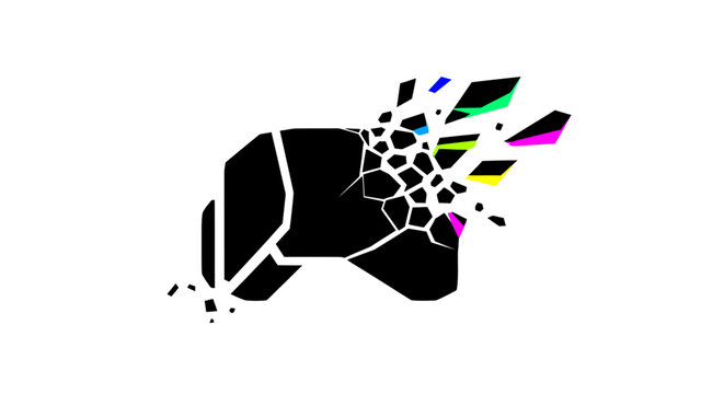Abstract shattering video game controller silhouette with colorful fragments.