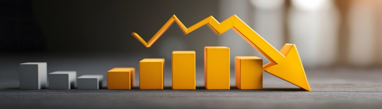 A 3D bar graph illustration showing financial growth and business success with an arrow pointing up to represent market profit and data progress.