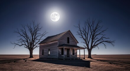 Obraz premium A weathered wooden farmhouse stands alone in a desolate field under the glow of a full moon, surrounded by shadows and gnarled dead trees, dwelling, mystery, night