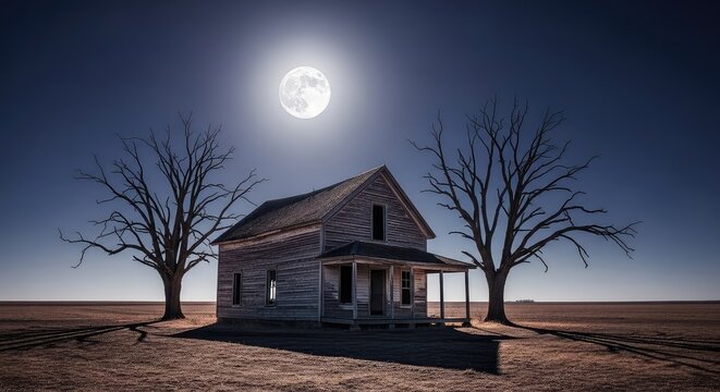 A weathered wooden farmhouse stands alone in a desolate field under the glow of a full moon, surrounded by shadows and gnarled dead trees, dwelling, mystery, night