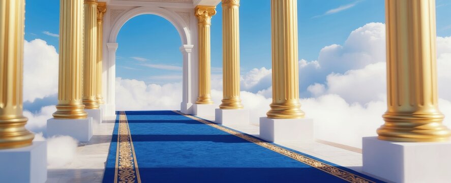 Blue carpet leads to sky archway bordered by gold columns on white clouds. Divine pathway opens to bright blue sky. Heavenly architecture beckons toward celestial realm. Luxury entrance awaits beyond