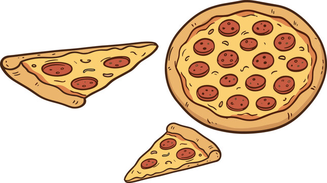 Pepperoni pizza vector illustration with whole pie and cheesy pizza slices in cartoon food style