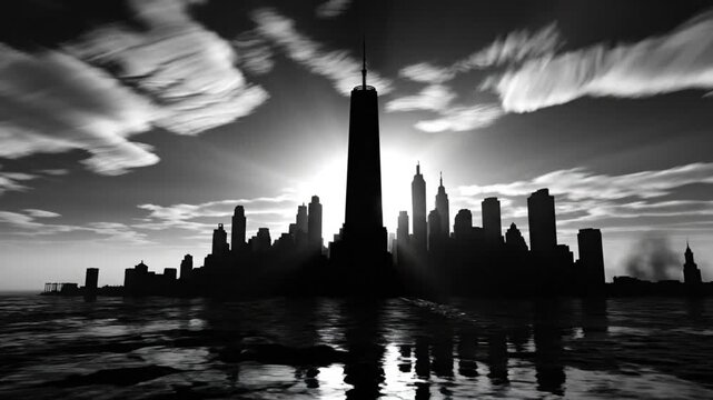 Black and White Silhouette of New York City Skyline at Sunset with Shining Sun and Water Reflection