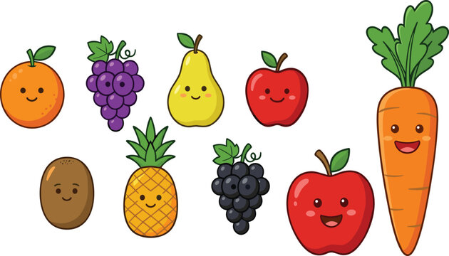 Cute fruit and vegetable characters set with apple, grapes, pineapple and carrot, kawaii food vector illustration collection