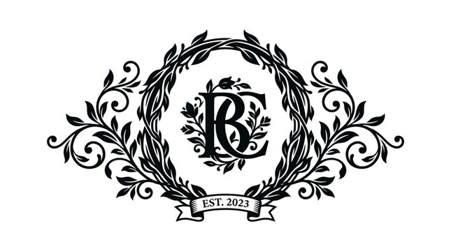 Elegant monogram logo with floral wreath.