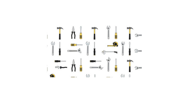 Set of various hand tools including hammers, screwdrivers, pliers, wrenches, and measuring tape on white background.