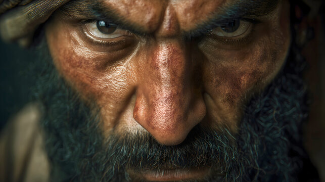 Portrait of a fiercely angry ancient man with a thick dark beard and a deeply furrowed brow, representing the hostile historical Quranic antagonist Abu Lahab.