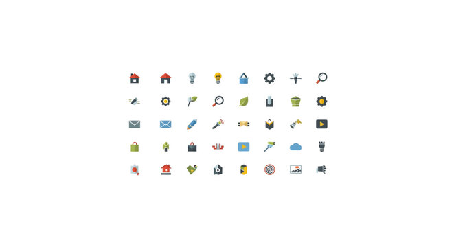 Set of small colorful icons representing various objects and symbols in flat design.