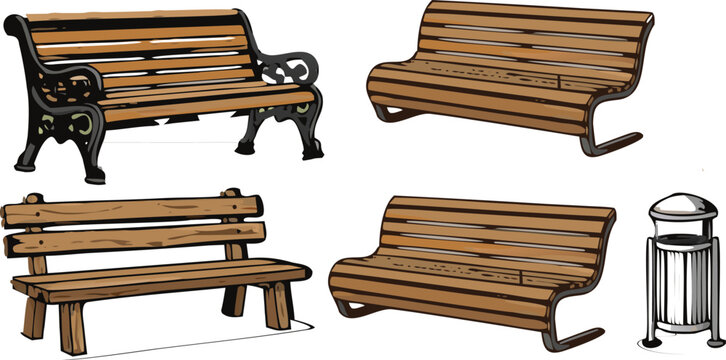 Wooden park benches and street trash bin vector set, outdoor furniture collection with classic and modern designs for urban landscape illustration