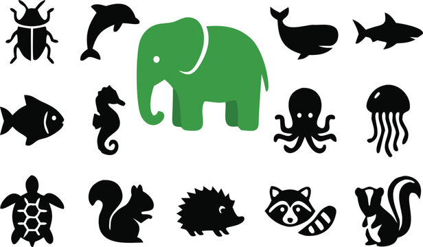 Animal silhouette icons collection with elephant, dolphin, fish, octopus, turtle and wildlife animals, flat vector illustration set for nature and zoo design