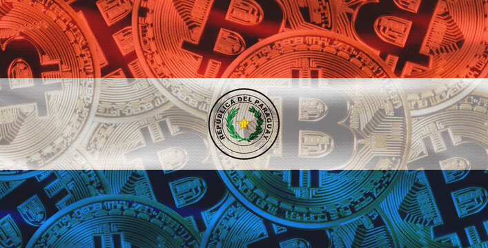 Paraguayan flag with Bitcoins in the background. Bitcoin cryptocurrency with Paraguay flag, Investors in Blockchain Technology