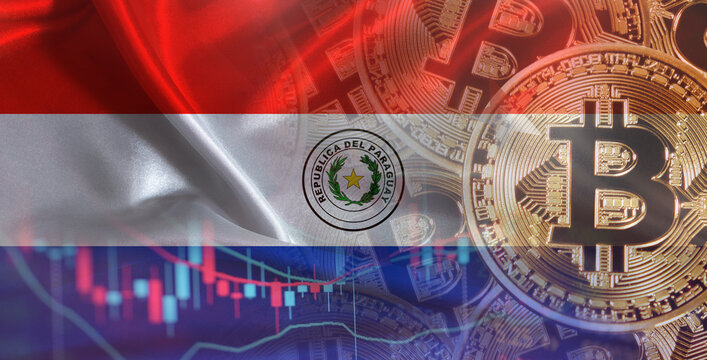 Bitcoin cryptocurrency with Paraguay flag, Investors in Blockchain Technology. Paraguayan flag with Bitcoins in the background