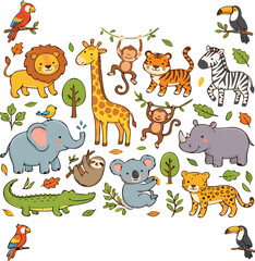 Fototapeta premium Cute jungle animals collection with lion, giraffe, monkey, tiger, elephant, zebra and parrot, flat vector illustration set for safari, kids and nursery design