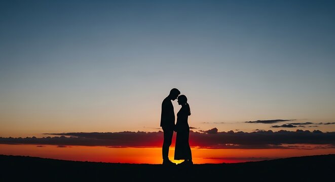 Romantic Couple Silhouette at Sunset Beach.