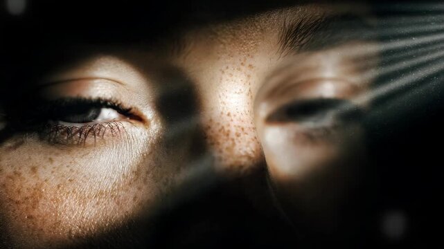 Woman blinking eyes with dramatic light stripes