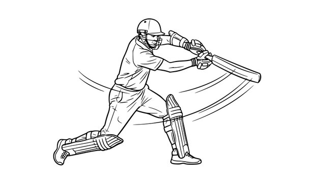 Cricket batsman cover drive line art vector illustration isolated on white background