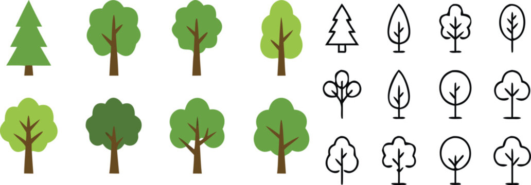 Tree icons collection with flat and outline styles, various forest and park trees vector illustration set for nature and landscape design