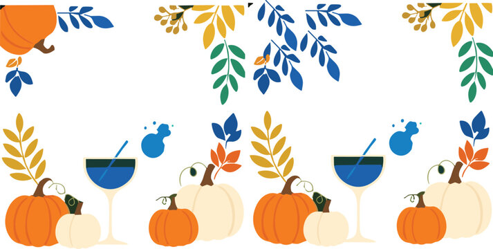 Autumn seamless pattern with pumpkins leaves and wine glasses, cozy fall harvest background for thanksgiving, seasonal decoration and festive design