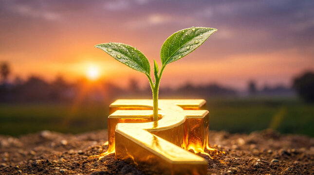 Vibrant green seedling growing from a golden Indian Rupee symbol in soil at sunset, concept for sustainable investment, ESG finance, and wealth growth in India
