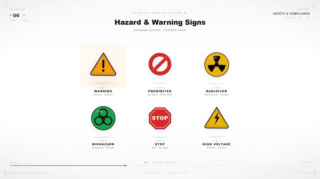Collection of flat hazard and warning sign vector icons on white background