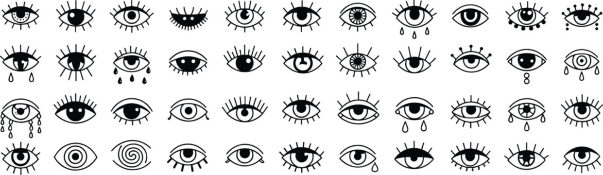 Hand drawn eye icons collection with lashes tears and abstract styles, black line vector illustration set of vision symbols