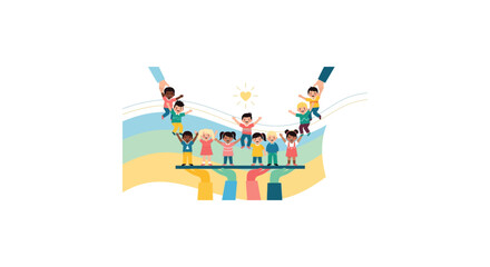 Fototapeta premium Illustration of a diverse group of people standing on a shelf with colorful blocks against a vibrant abstract background with warm tones.