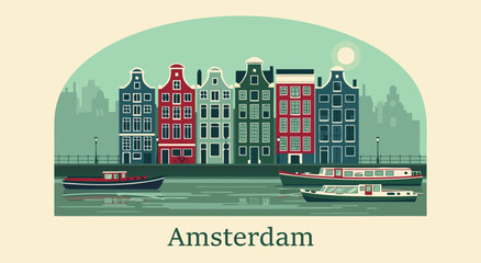 Amsterdam cityscape vector illustration of iconic Dutch houses and boats on a canal, perfect for travel and cultural themes © Purnomo