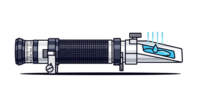 A detailed illustration of a handheld refractometer with a liquid sample.