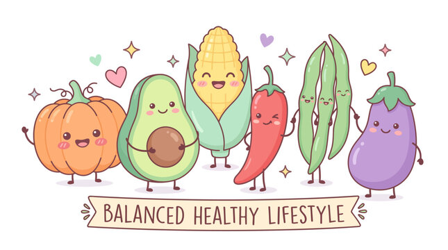 Adorable Mixed Food Mascots Pumpkin Avocado Corn Flat Illustration