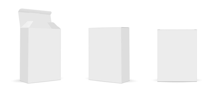 Medicine packaging boxes mockups isolated on white background. Vector template for pharmacy branding and product packaging design
