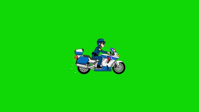 A dynamic 2D cartoon character of a police officer in uniform and helmet actively riding a white and blue law enforcement patrol motorcycle across the screen. The entire background is a flat, uniform 