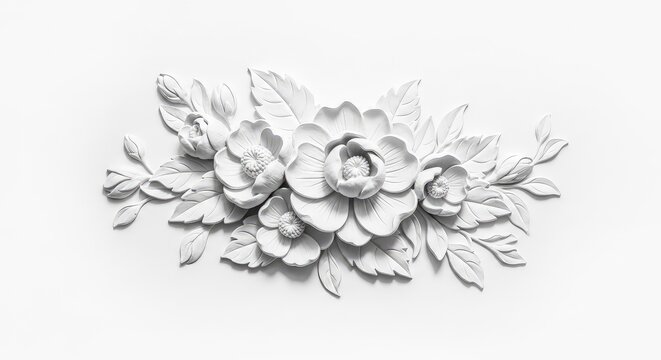 Elegant white floral bas relief wall panel featuring intricate petals and sculpted blooms on a matching monochrome plaster background, artistic, stone, craft