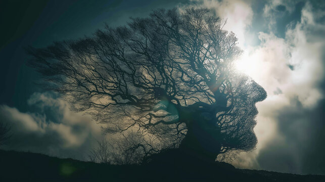 Bare tree branches shape a human face profile, evoking concept of mind, consciousness, and link between nature and humanity